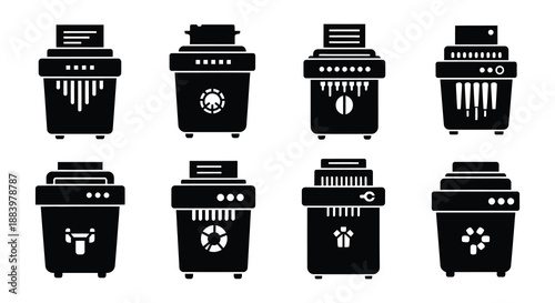 Collection of black and white paper shredder icons in various designs