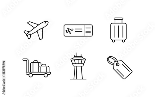 Collection of simple line icons representing air travel and airport services