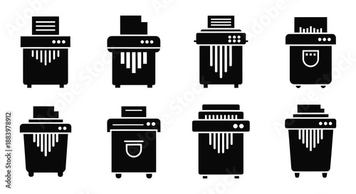 Collection of black and white paper shredder icons in various designs