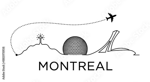 Montreal city skyline landmarks and airplane travel vector illustration