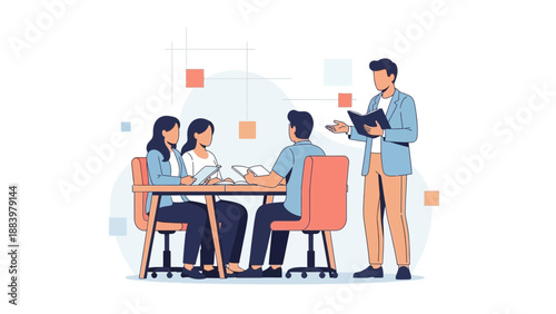 Business meeting with team collaboration and presentation