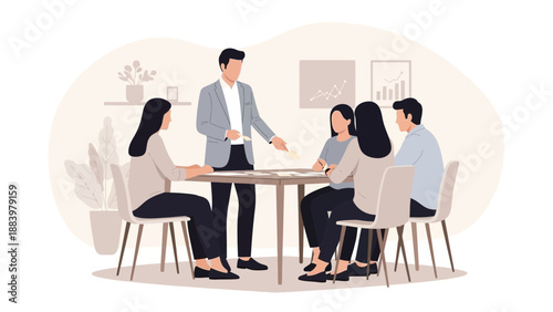 Business meeting with team discussing strategy at table, flat vector illustration