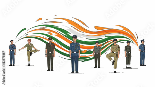 Illustration of Indian army soldiers in various poses with a waving India flag background celebrating Republic Day
