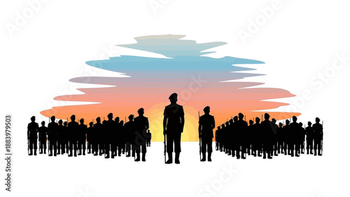 Vector illustration of a crowd of people in silhouette against a vibrant sunset background on Republic Day in India, celebrating with the national flag.