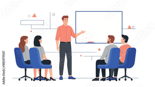 Business meeting, team presentation, whiteboard lesson, office training, collaboration