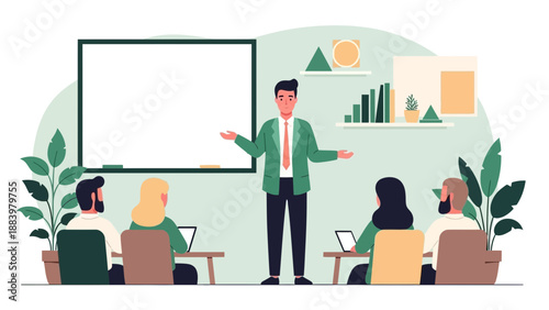 Business presentation with audience, speaker at whiteboard, meeting room