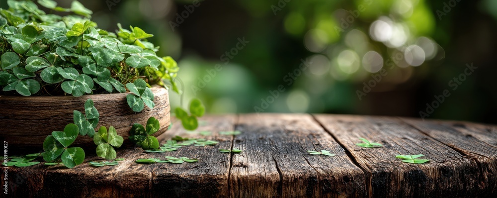Fototapeta premium Rustic wooden table with shamrock leaves, moss, and amber bottle creating a natural, calming garden scene