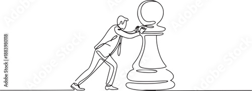 Single continuous line drawing young businessman push huge pawn chess piece. Business strategy and marketing plan. Strategic move in business concept. one line Icon drawing