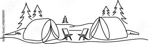 Single one line drawing camping landscape in campsite ground. Pair of tents with two chair in forest on grass. Summer camping on nature. Eco tourism. one line Icon drawing