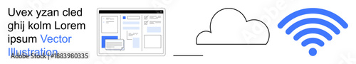 Cloud storage, online communication, wireless internet, digital connectivity, technology access, data sharing. Cloud icon connects to user interface and wireless symbol. Cloud storage and online