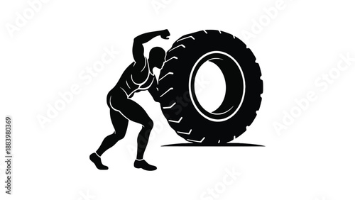 A muscular man pushing a large tire in a fitness exercise routine