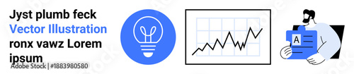 Business strategy, data analytics, education, corporate branding, presentations, modern communication. Light bulb icon, growth chart person reading a report. Business strategy and data analytics
