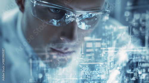 Wallpaper Mural focused male researcher wearing protective glasses analyzing a glowing digital holographic circuit, concept of advanced semiconductor R&D, artificial intelligence, and future hardware engineering. Torontodigital.ca