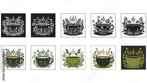 Collection of ten steaming herbal tea cup illustrations featuring botanical wreaths and various color palettes