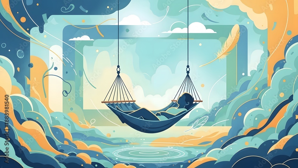 Naklejka premium Abstract illustration of a person relaxing in a hammock amidst dreamy clouds and waves