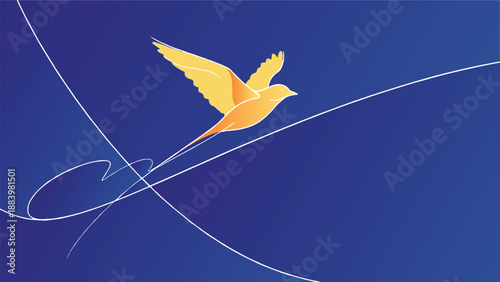 Golden Bird Flying Upwards with Abstract Lines on Blue Background Vector