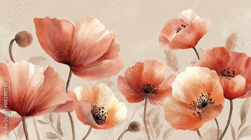 Delicate Watercolor Poppies in Pastel Red and Orange Hues Soft Floral Art Background