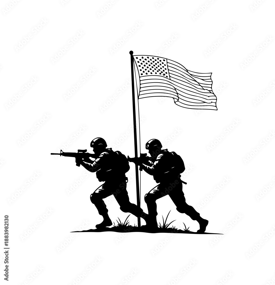 Obraz premium Soldiers Raising American Flag