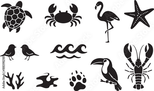 A collection of minimalist sea life silhouettes including a turtle, crab, flamingo, starfish, birds, waves, coral, frog, paw print, toucan, and lobster.