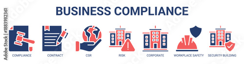 Business Compliance web banner icon vector illustration concept with icon of Compliance, Contract, Corporate Social Responsibility, Risk, Corporate, Workplace Safety, and Security Building.