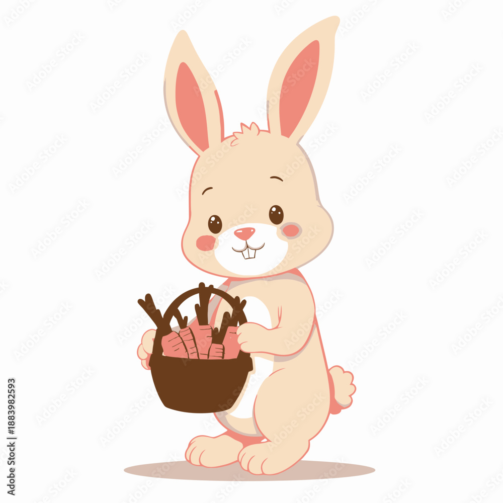 Obraz premium Charming Cartoon Rabbit Joyfully Holding a Basket Filled with Freshly Harvested Carrots in a Delightful Springtime Setting
