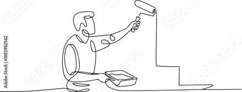 Continuous one line drawing painter decorator repairman people at work. Man repair worker holding paintbrush roller, painting house apartment wall, home renovation. one line Icon drawing