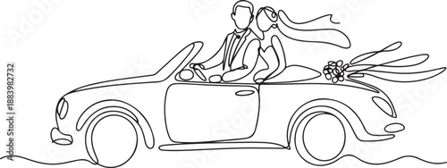 Single one line drawing newly married couple groom in vehicle. Happy man and woman riding wedding car. Married couple romantic relationship. one line Icon drawing