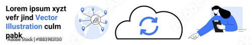 Cloud technology, data synchronization, network connectivity, digital systems, remote work, technology solutions. Cloud icon with arrows and network diagram. Cloud technology and data synchronization