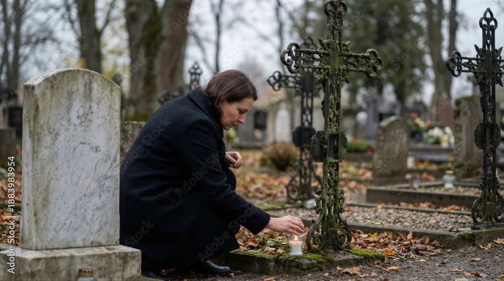 Fototapeta premium Woman placing a lit candle on a gravesite. Memorialization and remembrance in a cemetery setting. Funeral concept.
