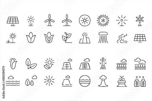 Solar Wind And Renewable Power Line Icons