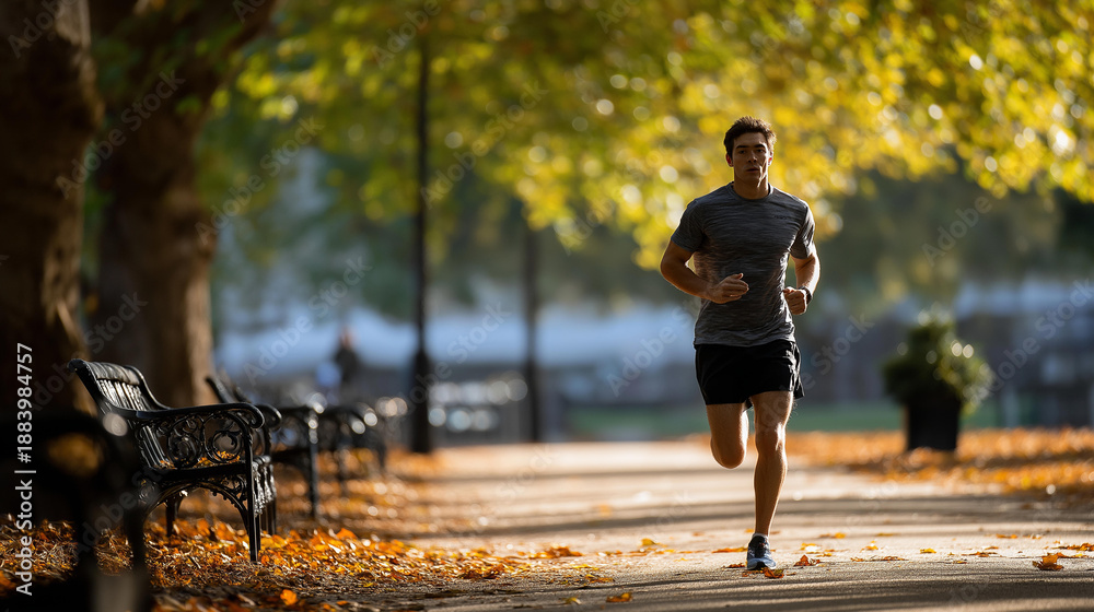 Obraz premium A lone runner on an empty park path, rhythm of movement and thought