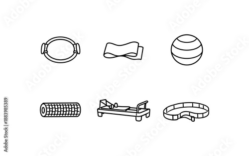 Collection of simple line art icons representing various fitness equipment for a healthy lifestyle