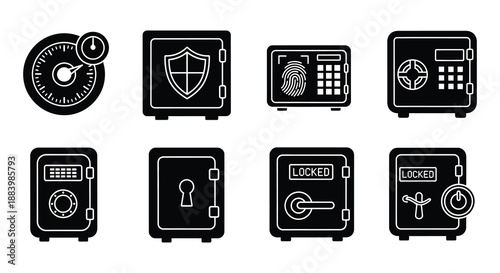 Black safe icons set displaying security protection and financial asset storage