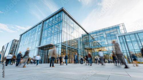 blurred motion of business people walking in front of a modern glass office building facade, professional urban lifestyle and corporate architecture concept in a bright metropolitan setting.
