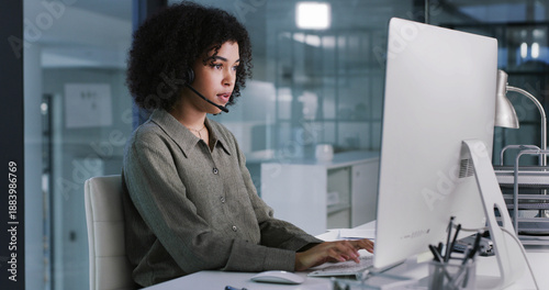 Tablou pe pânză Computer, headset and typing with woman in call center for feedback, problem solving or support