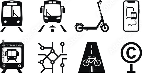 A collection of transportation and navigation icons on a white background