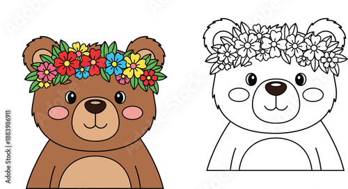Cute bear face with flower crown vector illustration. Adorable animal head with floral wreath. Coloring book page for kids with colored example and black and white outline line art.
