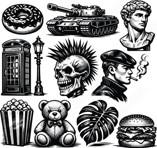Set of vintage black and white tattoo flash art featuring a punk rock skull with a mohawk, military tank, london telephone booth, and fast food icons for retro body art.