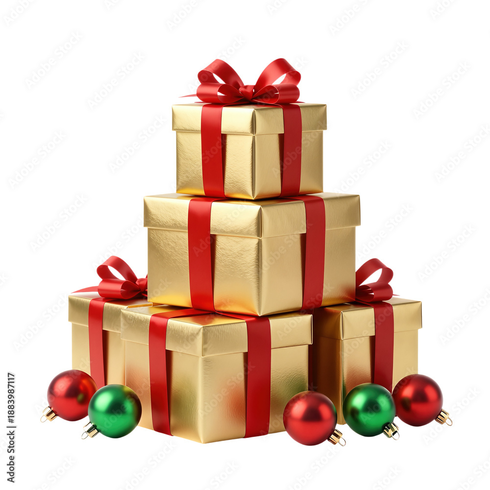 Obraz premium Stack of golden gift boxes with red ribbons