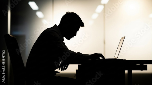 Silhouette of a man working on a laptop computer at night.