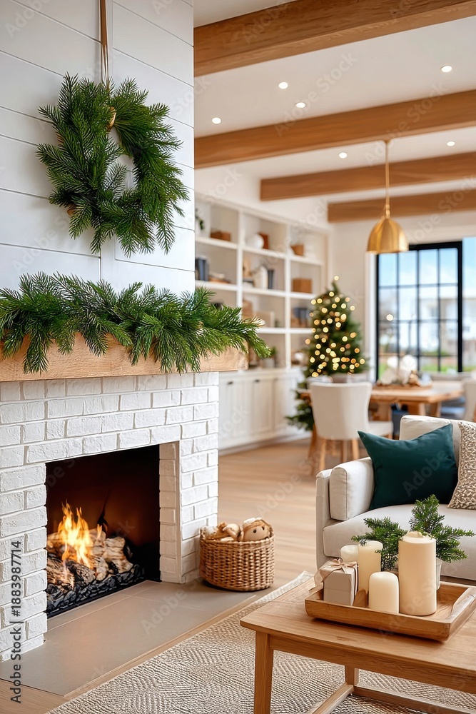 Fototapeta premium Cozy living room with a lit fireplace, Christmas greenery, and festive home decor