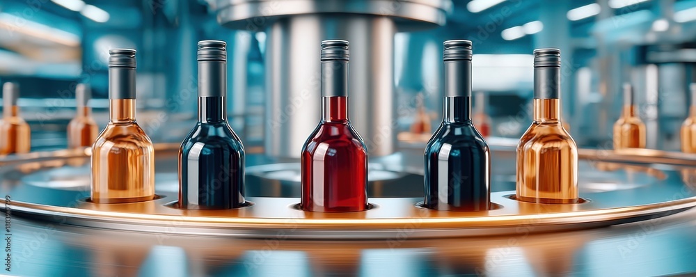 Obraz premium Wine bottles moving along a conveyor belt in a modern winery production line