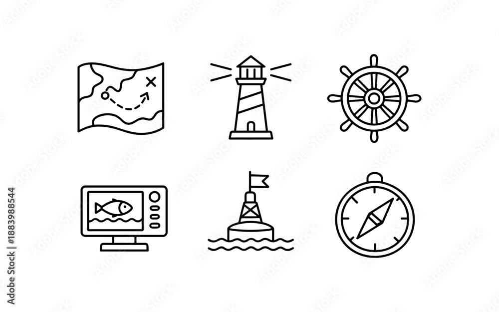 Fototapeta premium Nautical icons for navigation and sea exploration, including map, lighthouse, and compass