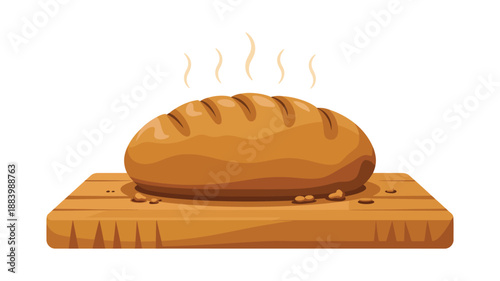 A warm loaf of bread sits on a wooden cutting board against a white background