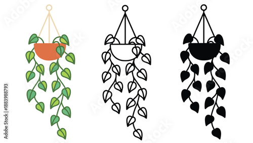 An illustration of three hanging planters with vines in different colors and styles