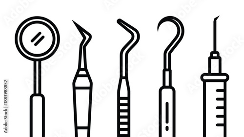 A set of dental tools including a mirror, excavator, and syringe on a white background