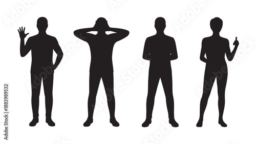 Group of people standing in various poses, showcasing different gestures and postures, captured from a straightforward viewpoint.