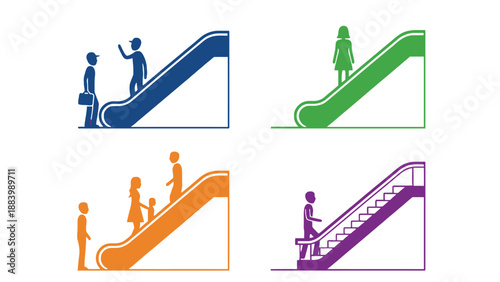 A colorful illustration of people riding escalators in different scenarios