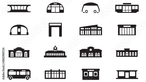 Collection of various black transportation vehicle and building silhouettes displayed on a clean white background from a straightforward viewpoint