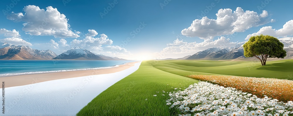 Obraz premium Landscape showing transition from winter to spring with green fields, daisies, and mountains